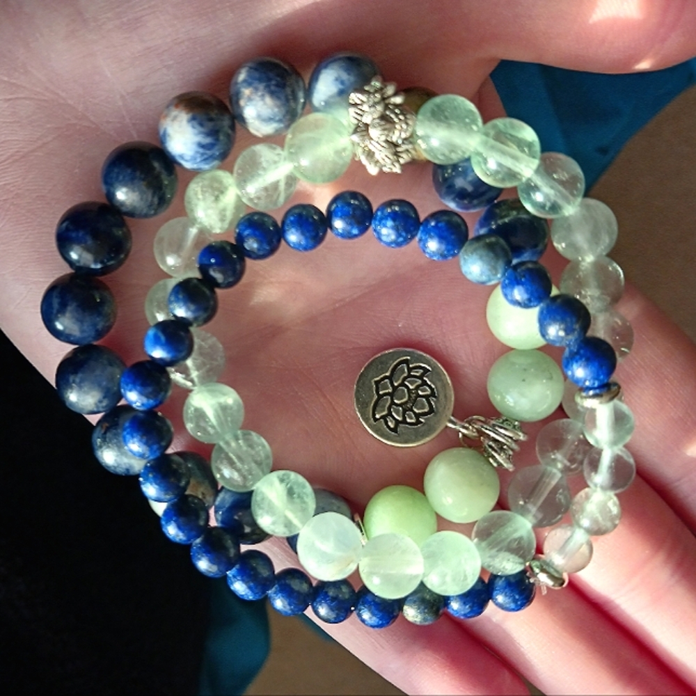 Lapis Lazuli Sodalite Jade Fluorite Lotus Crystal gemstone stretch bracelet set